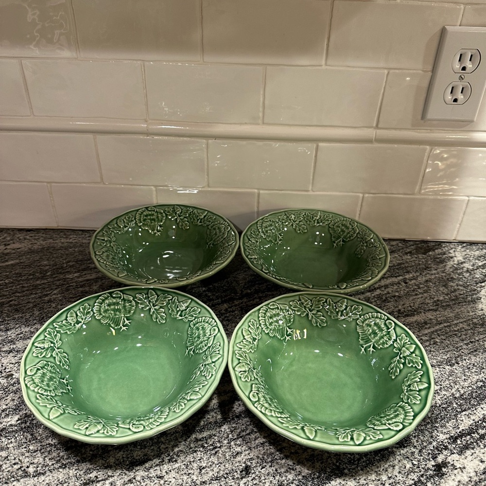 Set of 4 Bordallo Pinheiro Green Turkey 7.5" Cereal Soup Bowls